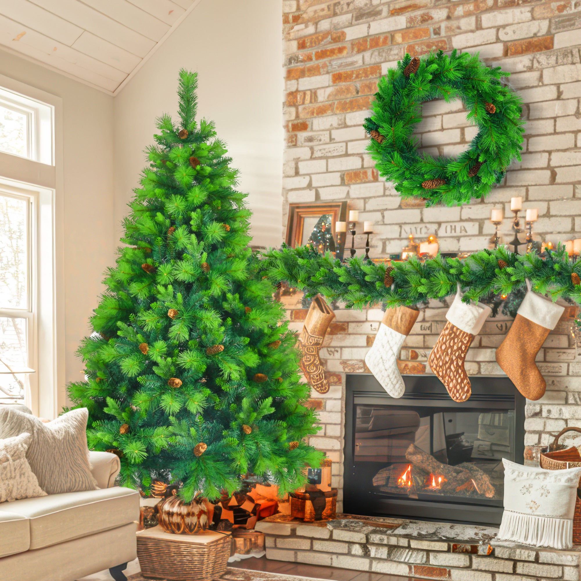 6 Feet Long Grass Green Christmas Tree, Big Branch Pine Tree, Pre-Installed Lighting Set