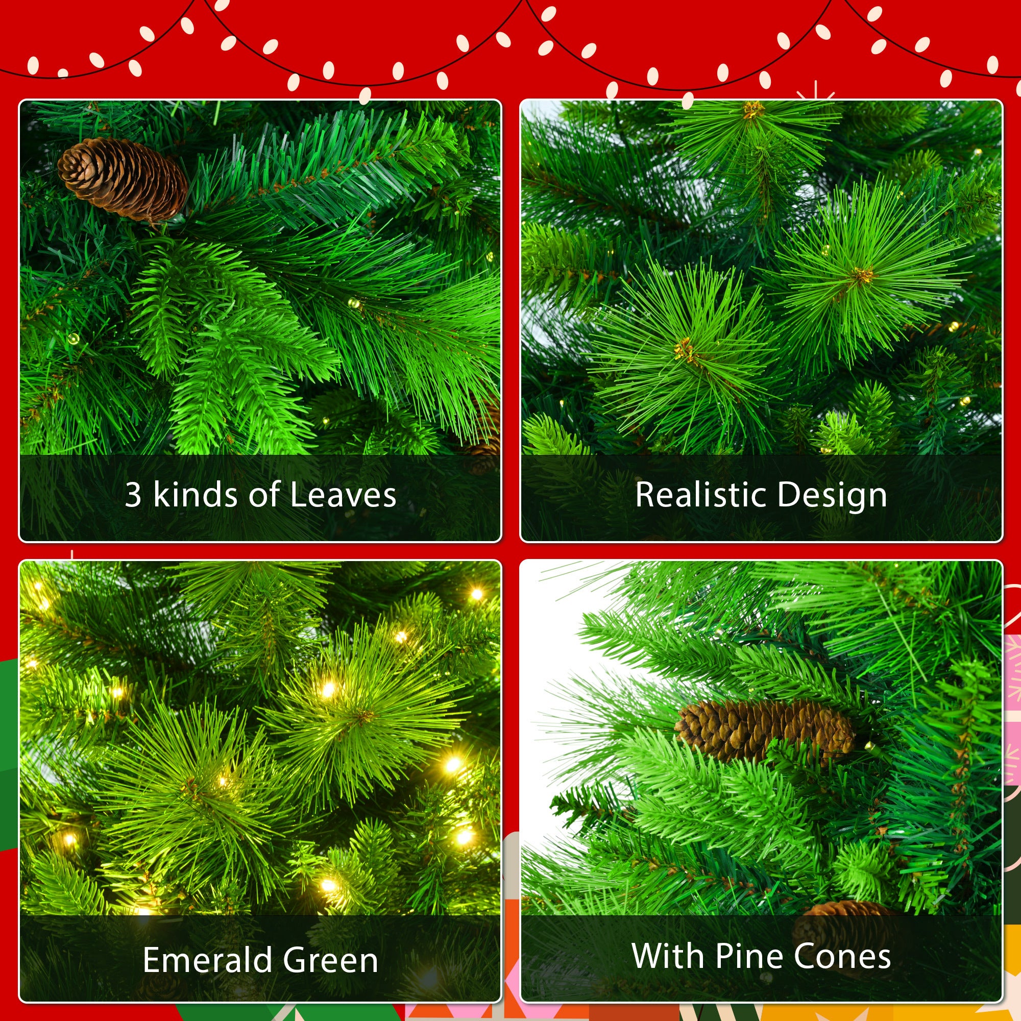 6 Feet Long Grass Green Christmas Tree, Big Branch Pine Tree, Pre-Installed Lighting Set