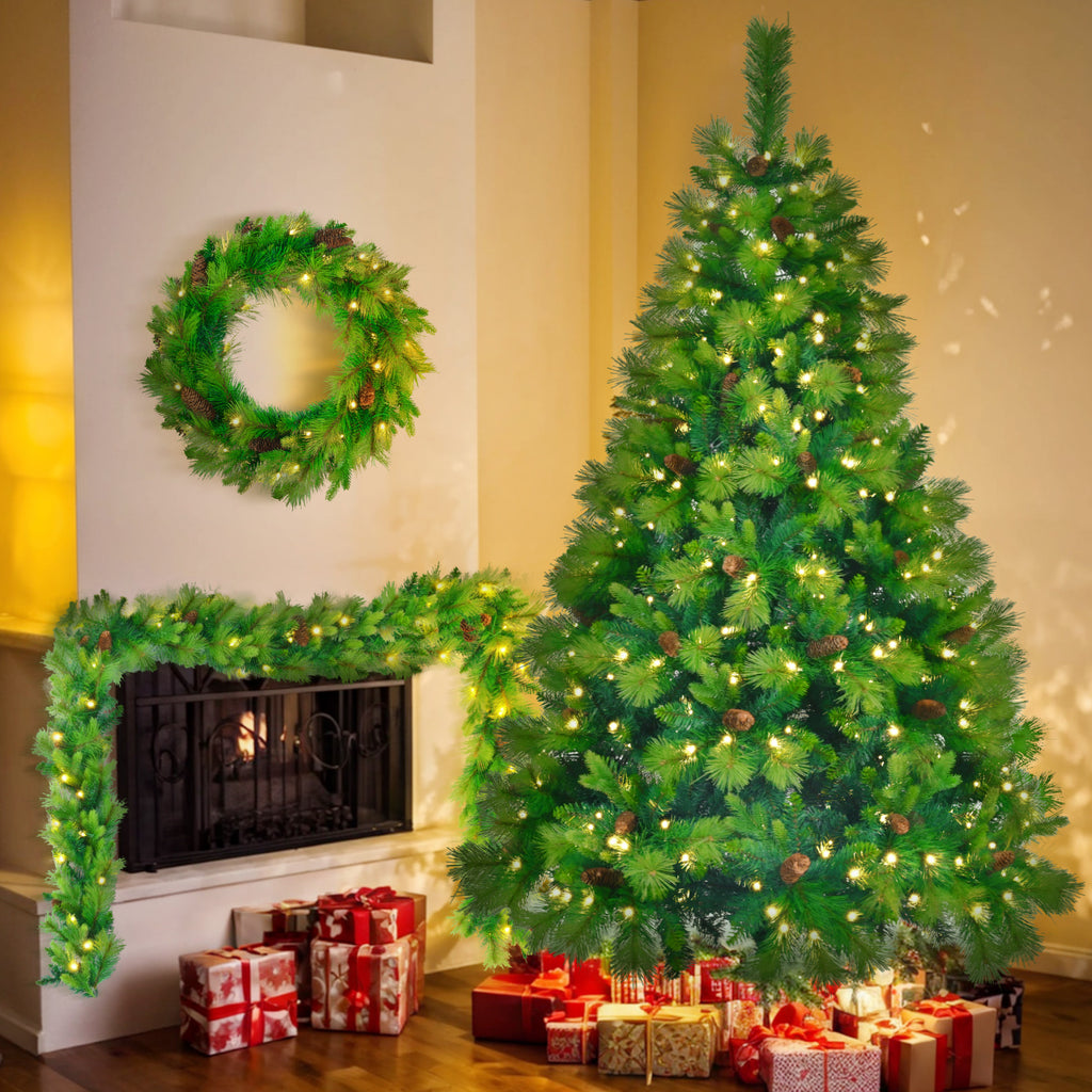 6 Feet Long Grass Green Christmas Tree, Big Branch Pine Tree, Pre-Installed Lighting Set