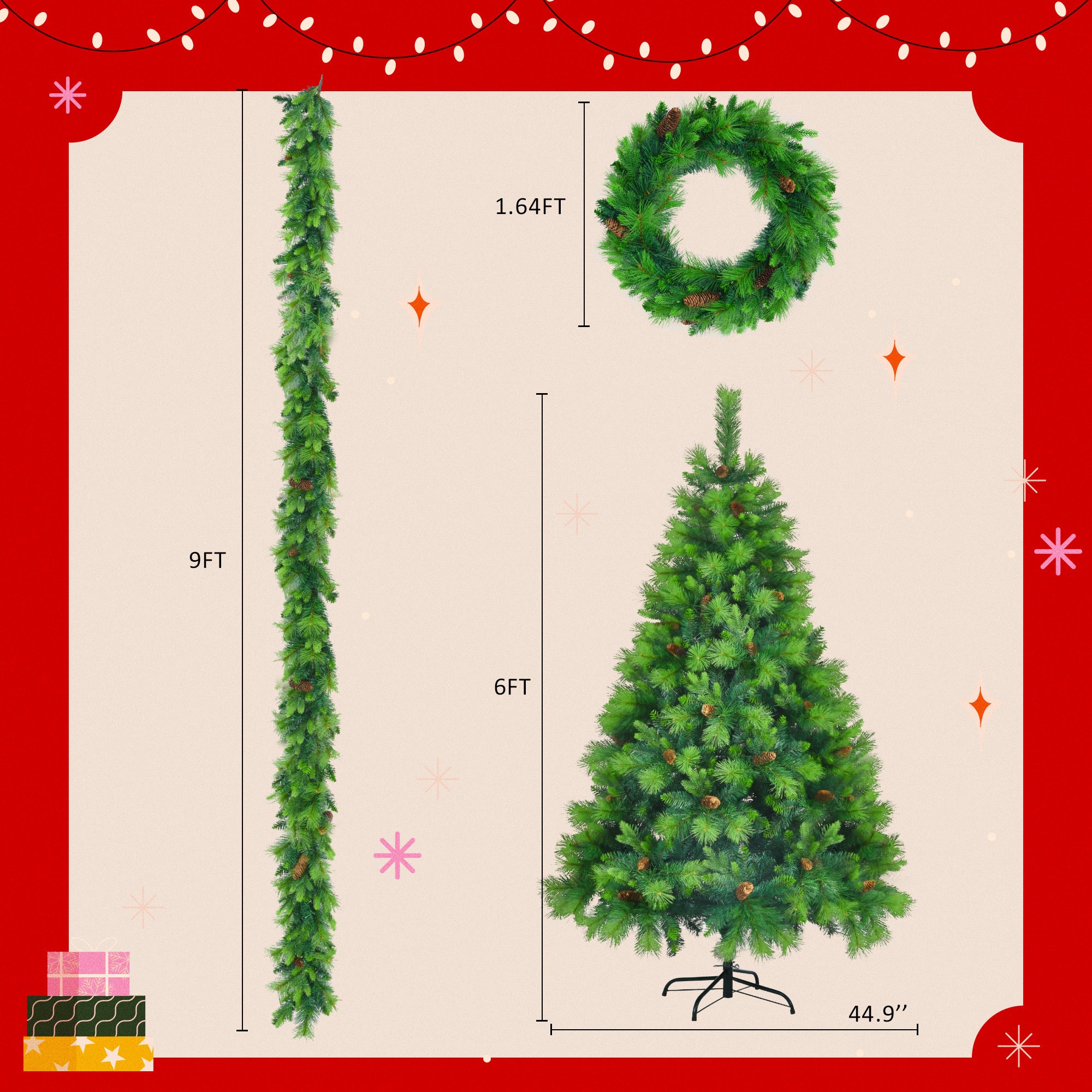 6 Feet Long Grass Green Christmas Tree, Big Branch Pine Tree, Pre-Installed Lighting Set