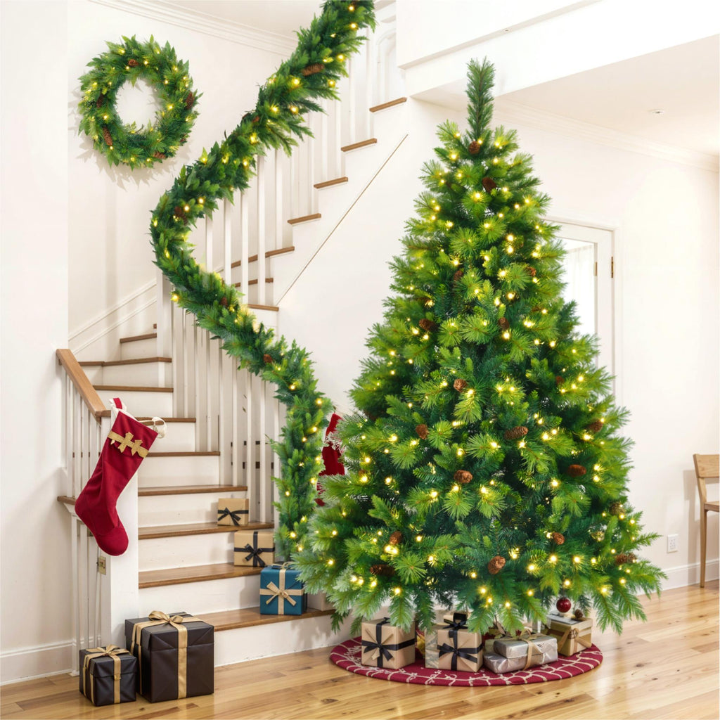 6 Feet Long Grass Green Christmas Tree, Big Branch Pine Tree, Pre-Installed Lighting Set