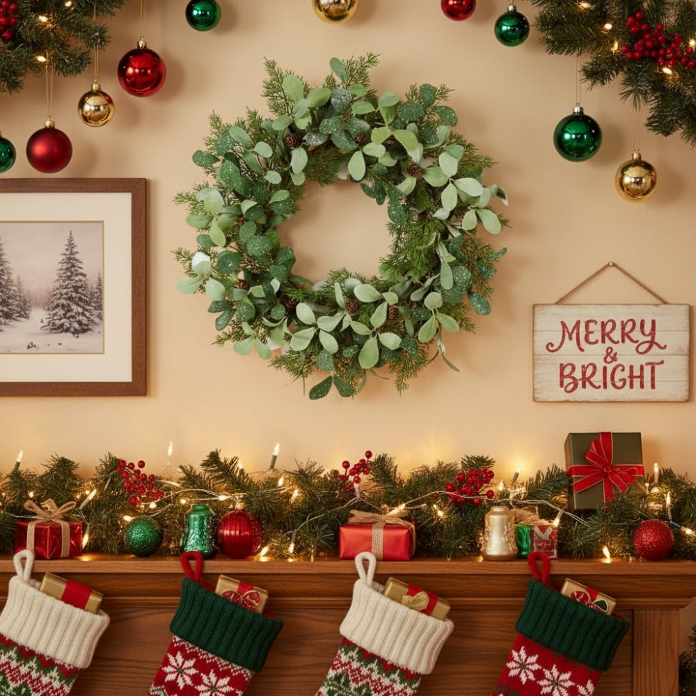 24in Christmas Wreath Foliage Cedar With Pinecone & Berry Accents Artificial Plants Garland